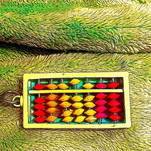 Abacus necklace charm vtg 80s plastic rare HTF w/aqua blue dog tag chain 24" - Picture 3 of 4